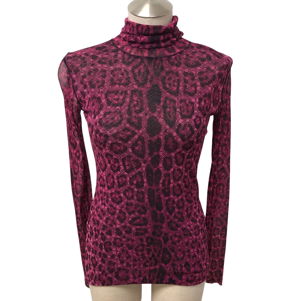 Fuzzi Turtleneck Top Womens Medium Pink Black Leopard Mesh Long Sleeve